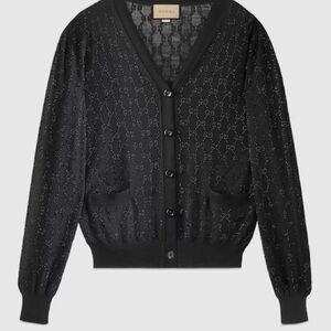 Gucci Black Fine Wool Crystal Cardigan with Signature Pattern